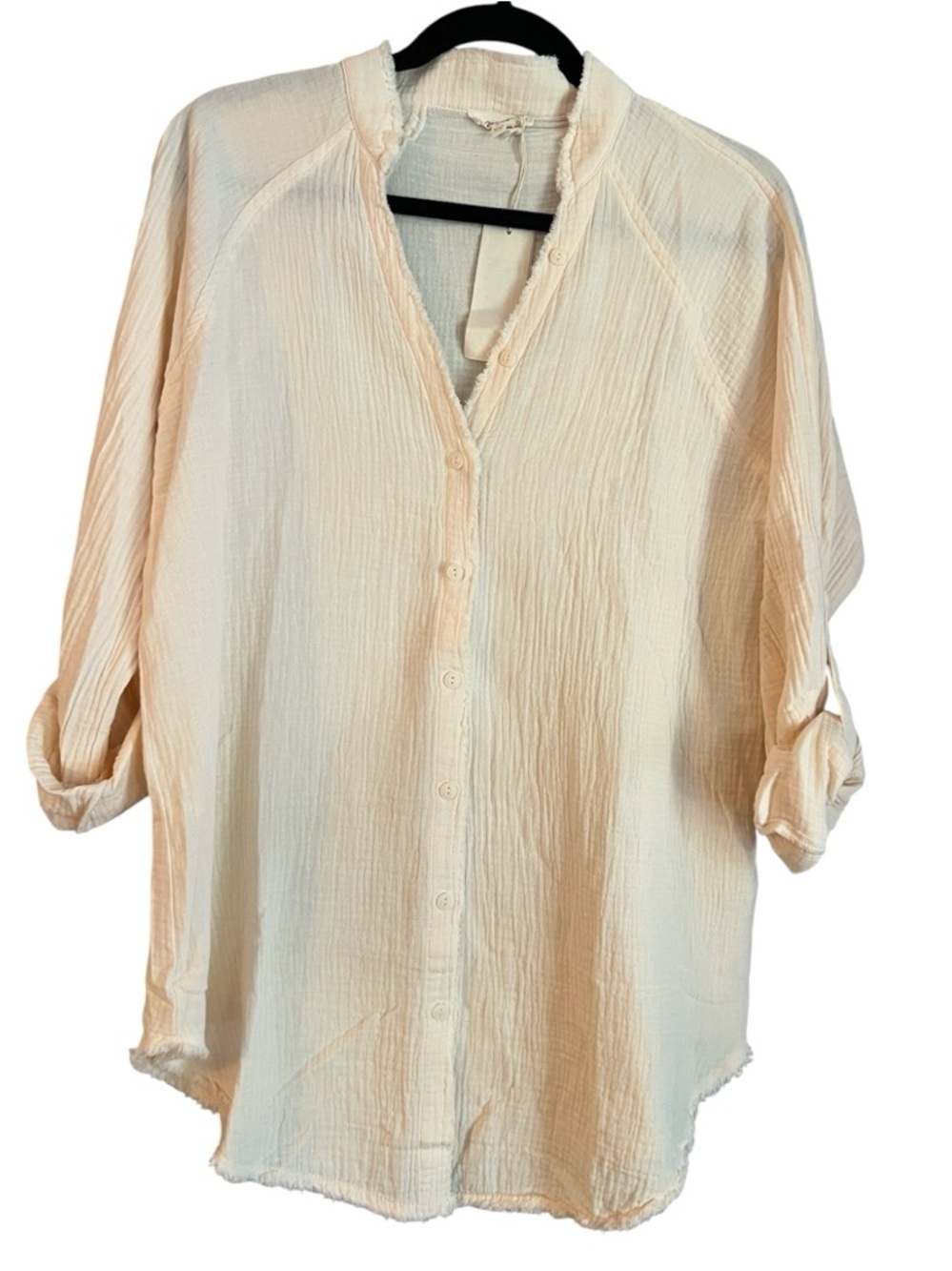 Mystree Button Down Gauze Blouse w/ Adjustable Sleeve and V Neck Size S